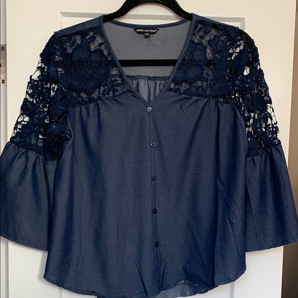 Blue Bell Sleeve Blouse with Embellished Details